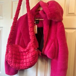 Bershka Pink Faux Fur cropped Jacket with matching Urban Expression purse